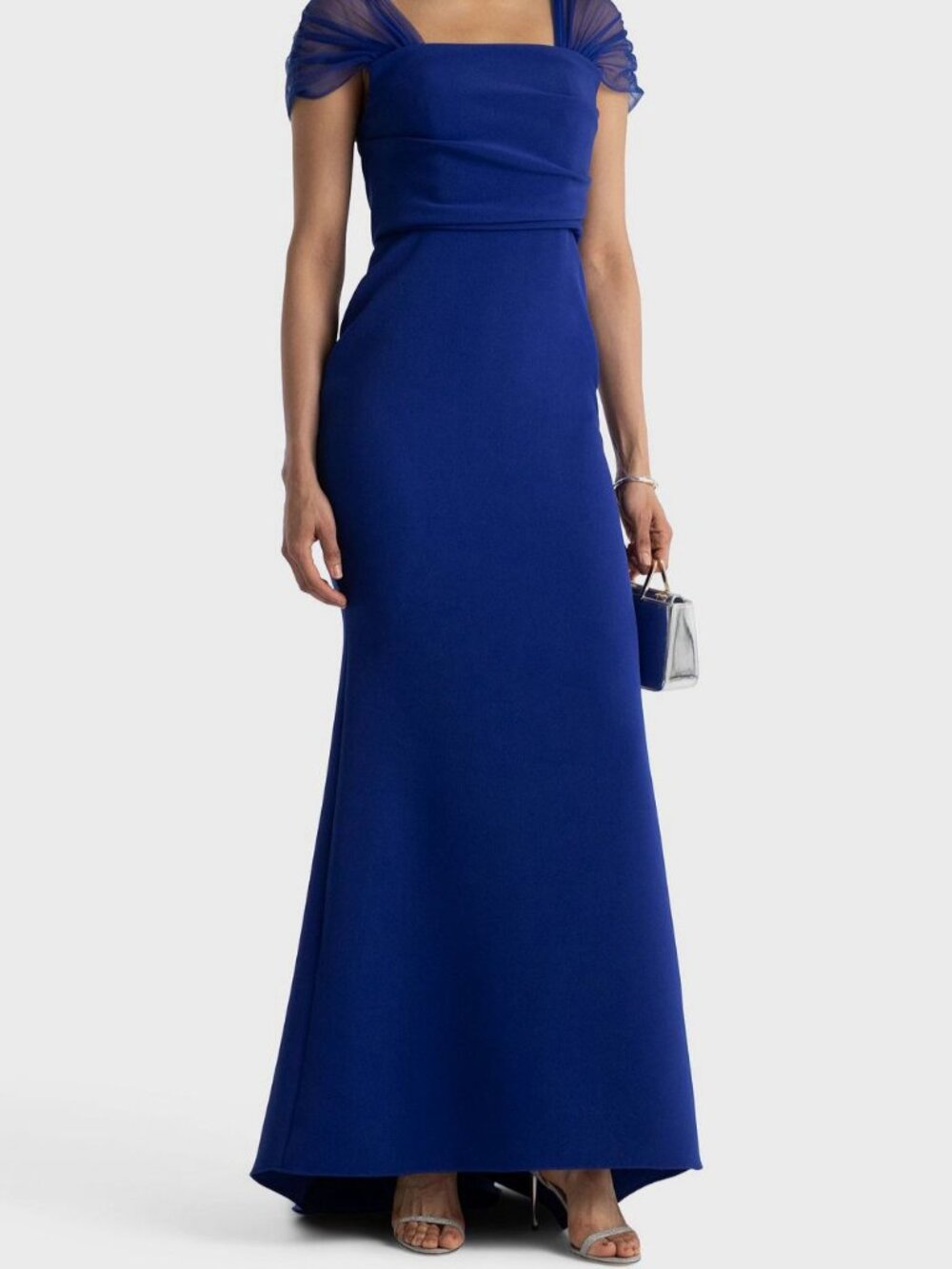 BADGLEY MISCHKA Women's Blue Tulle-Trimmed Draped Crepe Gown Dress Size 10